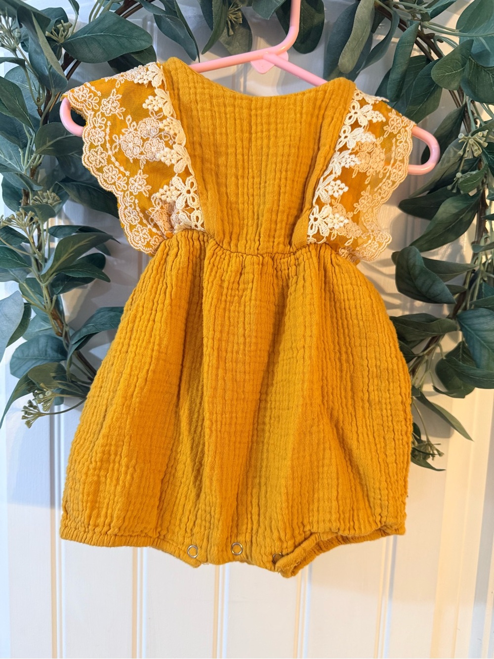 💫10/$25 • Mustard Yellow Lace-Trim Baby Romper